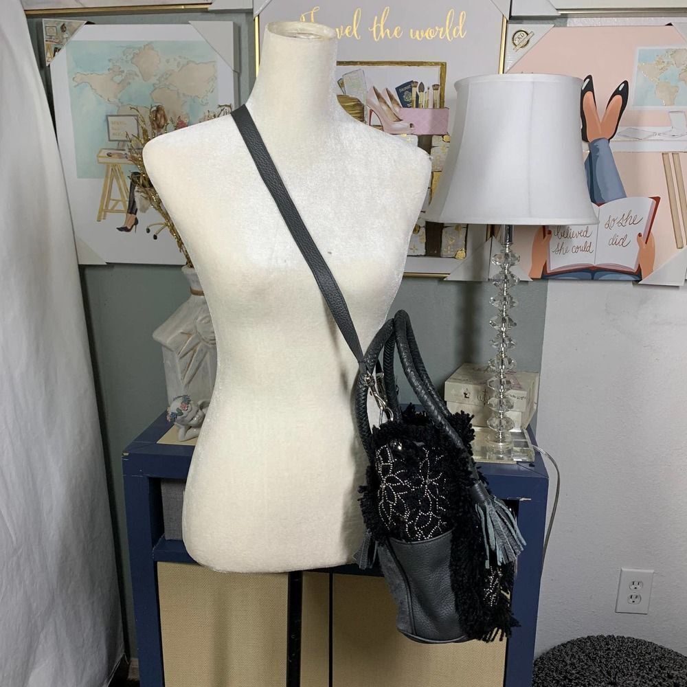 IBBAN handmade boho Wool leather crossbody bag gray black - Picture 3 of 10